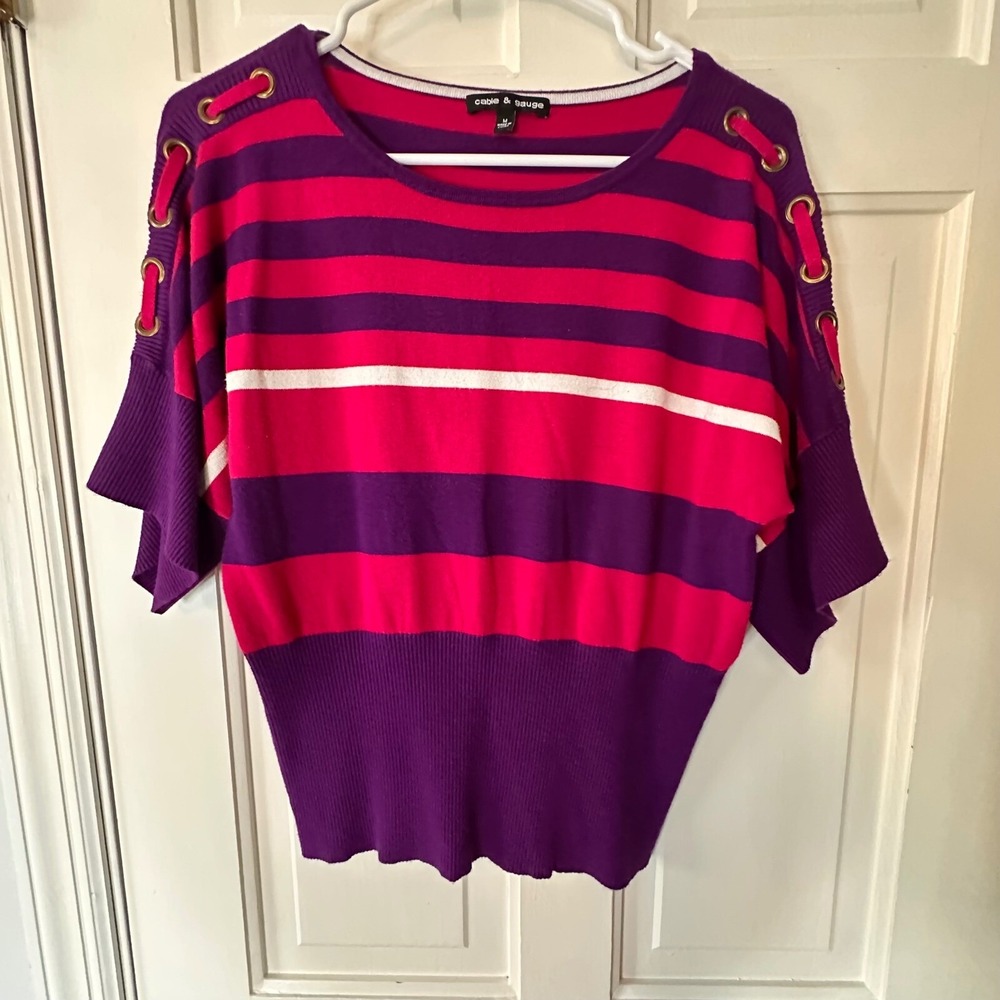 Cable & Gauge‎ Striped Knit Top Dolman Sleeve Eyelet Detail Purple Pink Size M